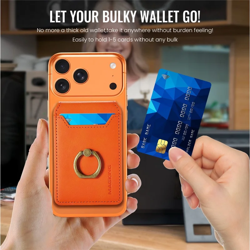 MAGKING K1 Funda para Teléfono Móvil con Anillo Integrado, Soporte Plegable, Soporte Magnético para Tarjetas y Bloqueo RFID - Naranja