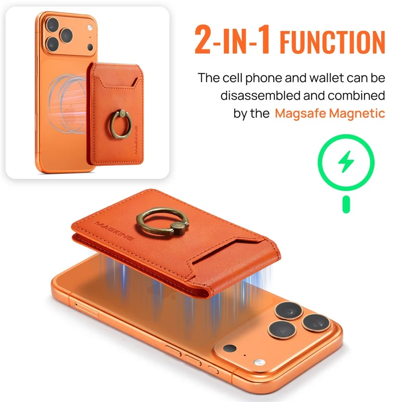 MAGKING K1 Funda para Teléfono Móvil con Anillo Integrado, Soporte Plegable, Soporte Magnético para Tarjetas y Bloqueo RFID - Naranja