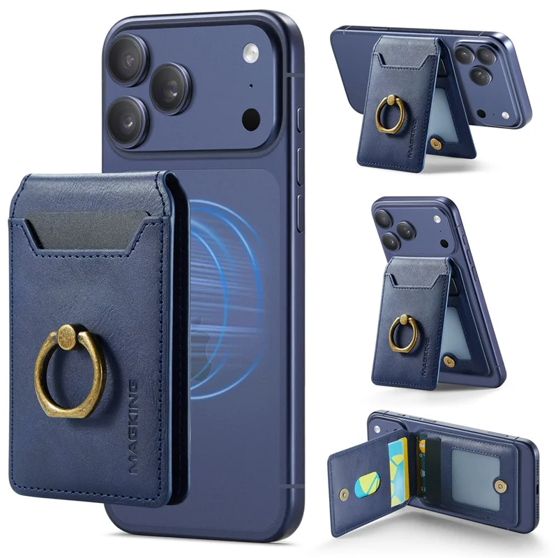 MAGKING K1 Kickstand Magnetic Card Holder RFID Blocking Cell Phone Wallet Built-In Ring - Blue