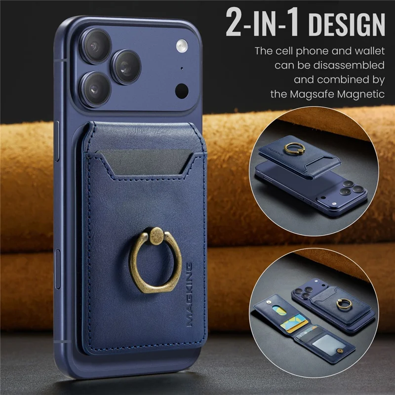 MAGKING K1 Kickstand Magnetic Card Holder RFID Blocking Cell Phone Wallet Built-In Ring - Blue