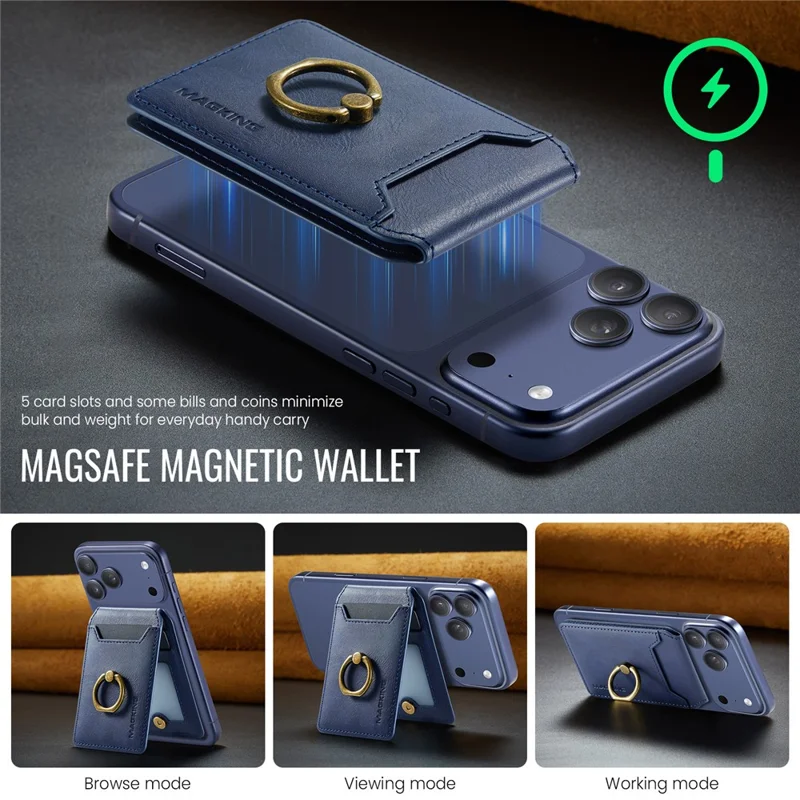 MAGKING K1 Kickstand Magnetic Card Holder RFID Blocking Cell Phone Wallet Built-In Ring - Blue