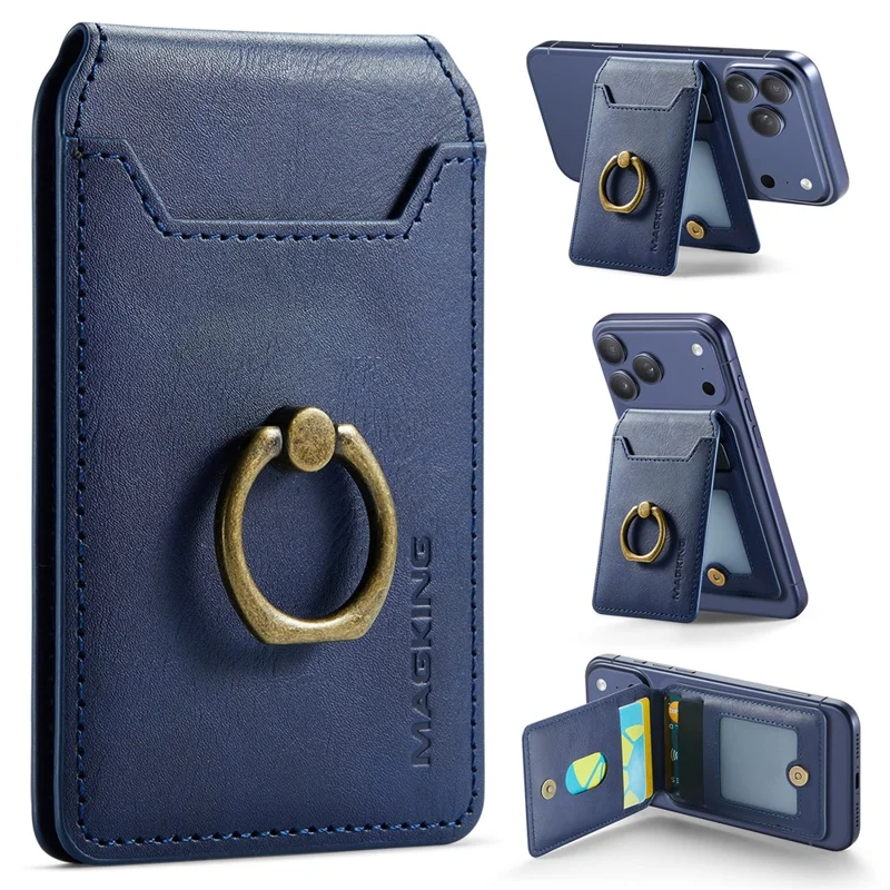 MAGKING K1 Kickstand Magnetic Card Holder RFID Blocking Cell Phone Wallet Built-In Ring - Blue