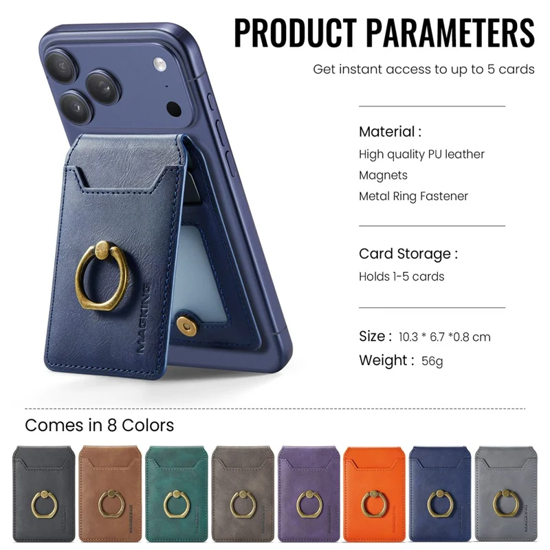 MAGKING K1 Kickstand Magnetic Card Holder RFID Blocking Cell Phone Wallet Built-In Ring - Blue