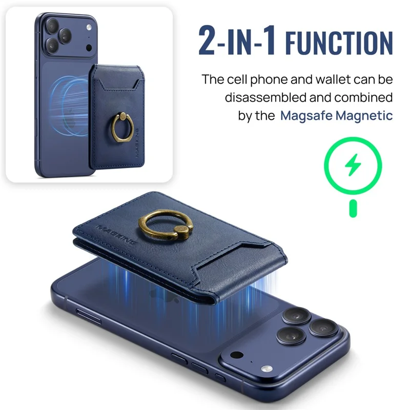 MAGKING K1 Kickstand Magnetic Card Holder RFID Blocking Cell Phone Wallet Built-In Ring - Blue