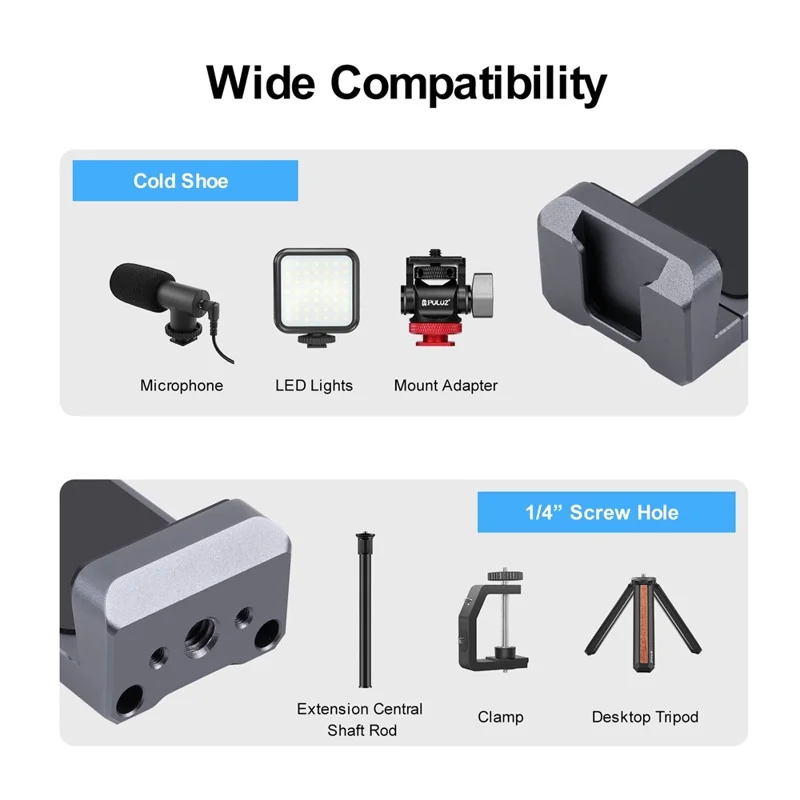 PULUZ PU3205B Cold Shoe Phone Clamp Retractable Aluminum Alloy Phone Clip