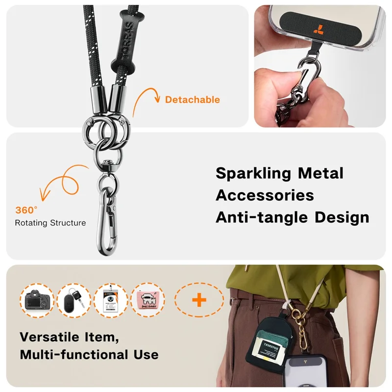 TORRAS LoopGo Leather Phone Lanyard Adjustable Crossbody Neck Strap Phone Lanyard with Tether Tab - Black