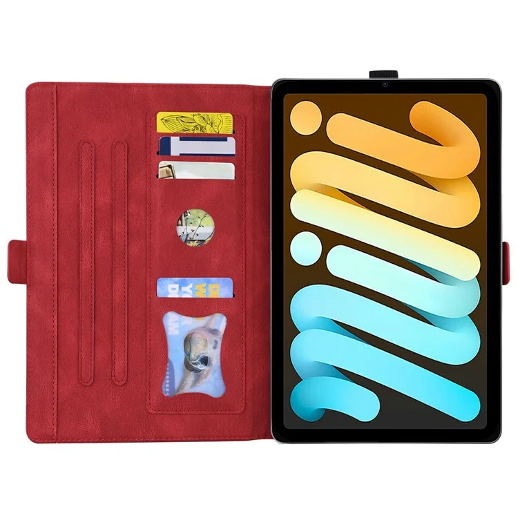 For iPad mini (2024)  /  mini (2021) Leather Case Imprinted Butterfly Tablet Cover Stand Card Slot - Red