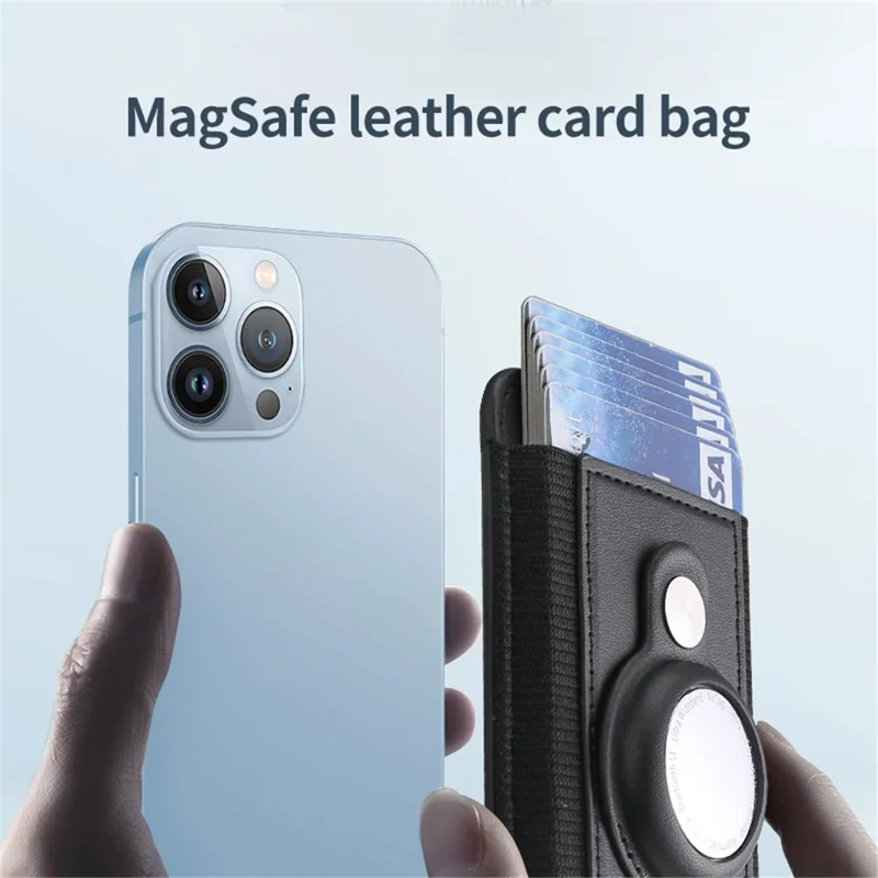 Elastic Band PU Leather Phone Back Card Bag Compatible with MagSafe Protective Case for AirTag - Black