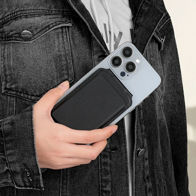 Bi-Fold Phone Card Bag PU Leather Magnetic Card Holder with Foldable Kickstand Function - Black