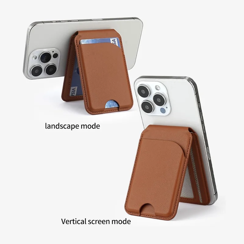 PU Leather Magnetic Card Holder Bi-Fold Phone Card Bag with Kickstand Function - Brown