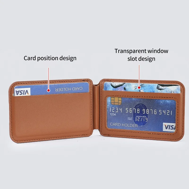 PU Leather Magnetic Card Holder Bi-Fold Phone Card Bag with Kickstand Function - Brown