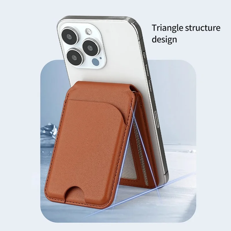 PU Leather Magnetic Card Holder Bi-Fold Phone Card Bag with Kickstand Function - Brown