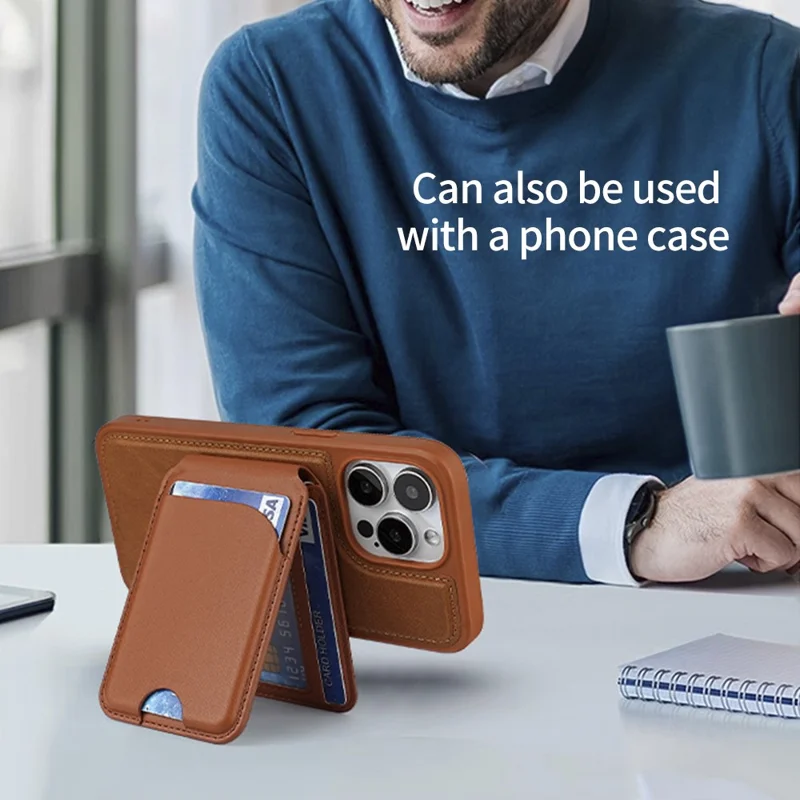 PU Leather Magnetic Card Holder Bi-Fold Phone Card Bag with Kickstand Function - Brown