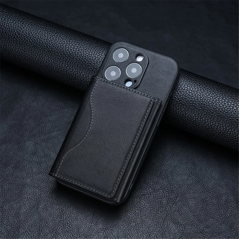 Magnetic Card Holder PU Leather Tri-Fold Phone Card Wallet with Kickstand Function - Black