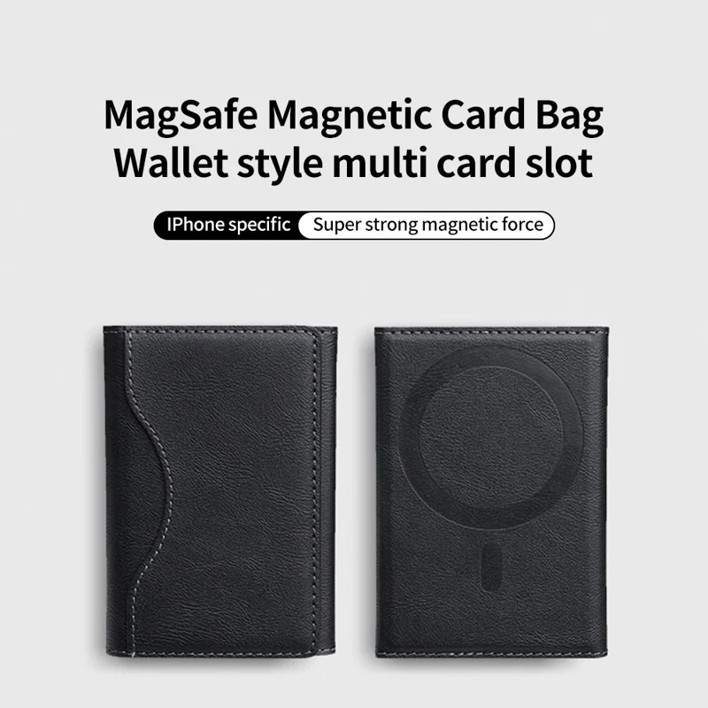 Magnetic Card Holder PU Leather Tri-Fold Phone Card Wallet with Kickstand Function - Black