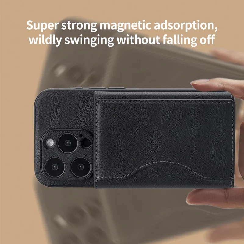 Magnetic Card Holder PU Leather Tri-Fold Phone Card Wallet with Kickstand Function - Black