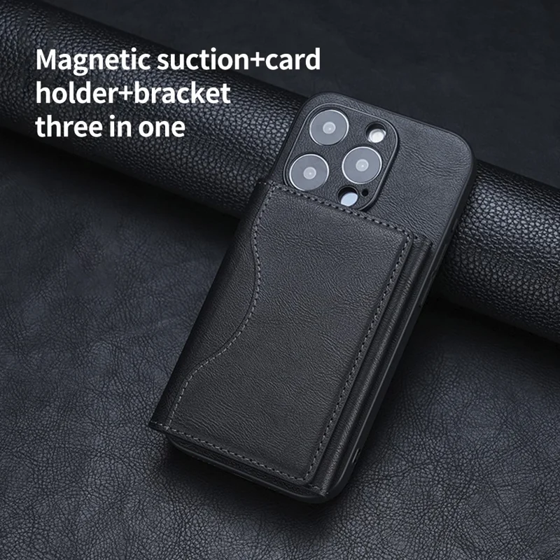 Magnetic Card Holder PU Leather Tri-Fold Phone Card Wallet with Kickstand Function - Black