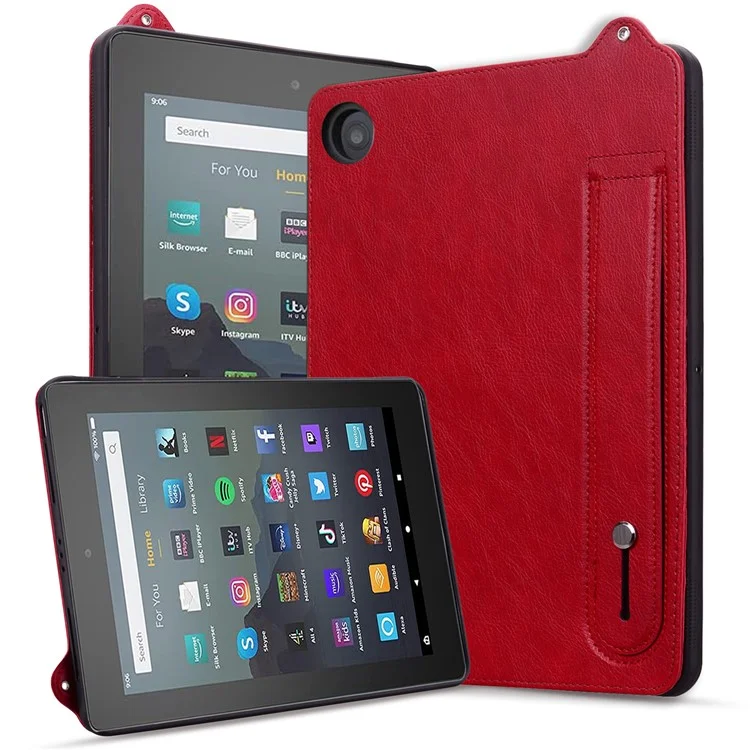 Tablet Case For Amazon Fire HD 8 (2018) / (2017) / (2016) / (2015) Hand Strap Kickstand Leather Cover - Red