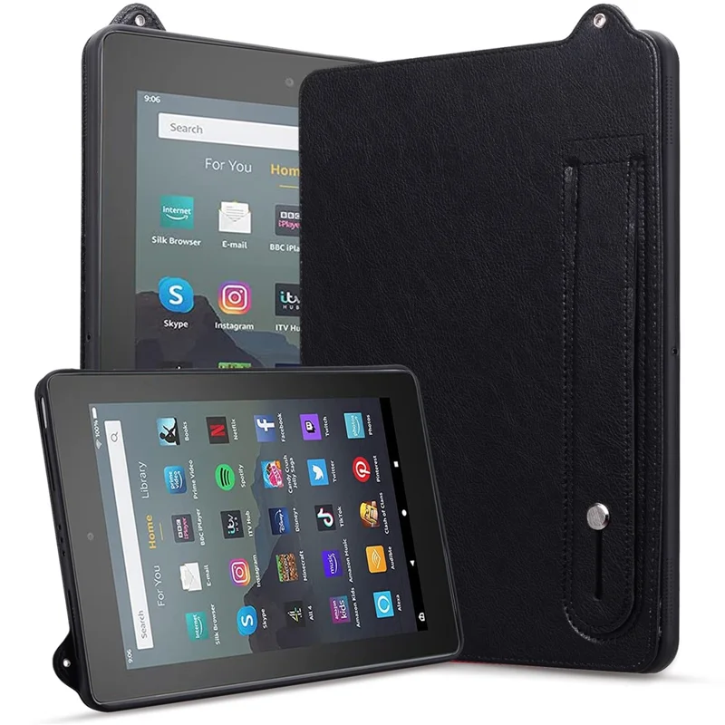 Tablet Case For Amazon Fire HD 10 (2023) / (2021) / Fire HD 10 Plus (2023) / (2021) Hand Strap Kickstand Leather Cover - Black