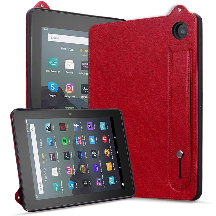 Für Amazon Fire HD 8 (2024) / (2020) Hülle mit Handgriff, Ständer und Lederbezug - Rot