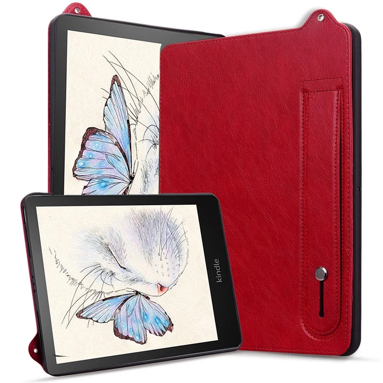 For Amazon Kindle Paperwhite (2024) Case with Hand Strap Kickstand Leather Tablet Cover - Red