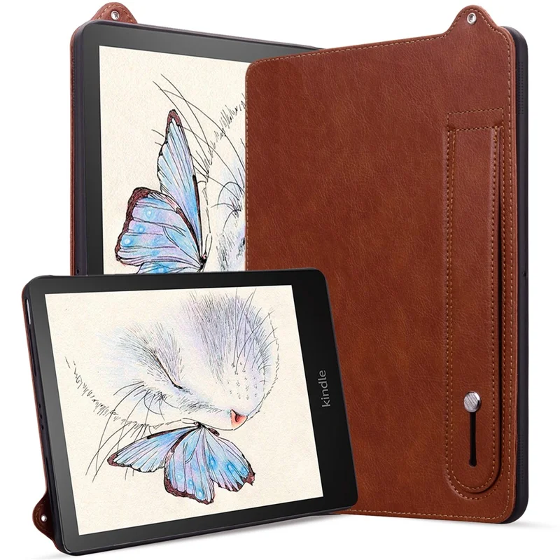 For Amazon Kindle Paperwhite (2024) Case with Hand Strap Kickstand Leather Tablet Cover - Brown