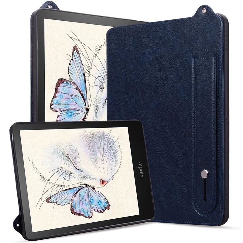 For Amazon Kindle Paperwhite (2024) Case with Hand Strap Kickstand Leather Tablet Cover - Blue