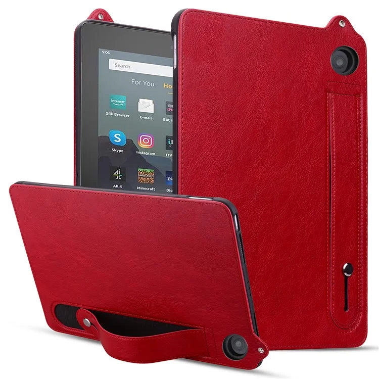 For Amazon Fire 7 (2022) Case Hand Strap Kickstand Leather Tablet Cover - Red