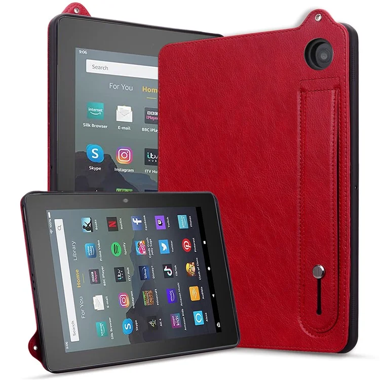 For Amazon Fire 7 (2022) Case Hand Strap Kickstand Leather Tablet Cover - Red