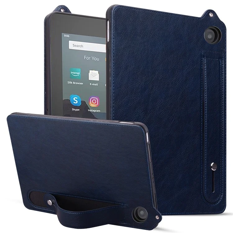 For Amazon Fire 7 (2022) Case Hand Strap Kickstand Leather Tablet Cover - Blue