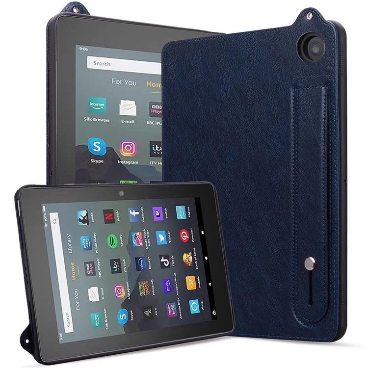 For Amazon Fire 7 (2022) Case Hand Strap Kickstand Leather Tablet Cover - Blue