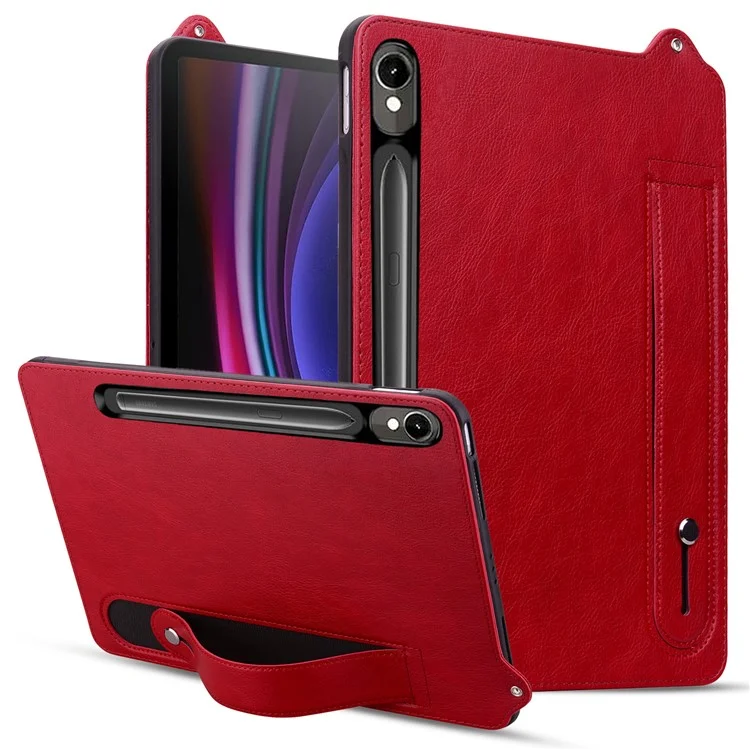 Capa de tablet para Samsung Galaxy Tab S10 / S9 FE / S9 / S8 / S7 com alça de mão, suporte dobrável e cobertura de couro - Vermelho