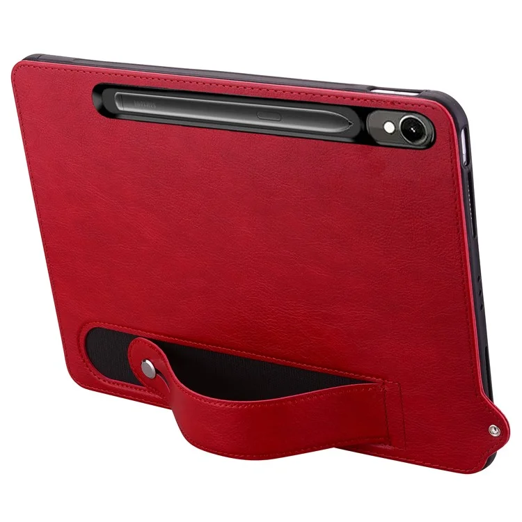 Capa de tablet para Samsung Galaxy Tab S10 / S9 FE / S9 / S8 / S7 com alça de mão, suporte dobrável e cobertura de couro - Vermelho