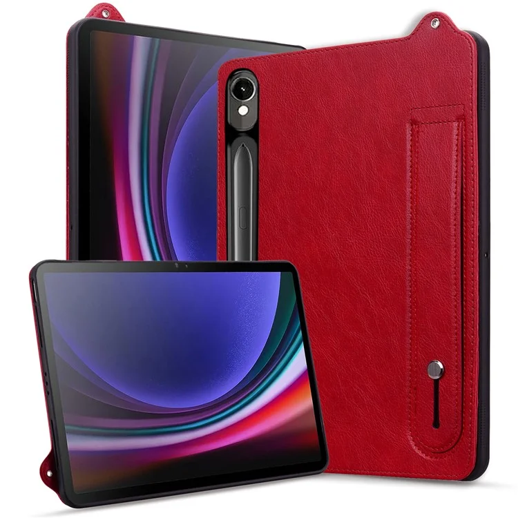 Capa de tablet para Samsung Galaxy Tab S10 / S9 FE / S9 / S8 / S7 com alça de mão, suporte dobrável e cobertura de couro - Vermelho