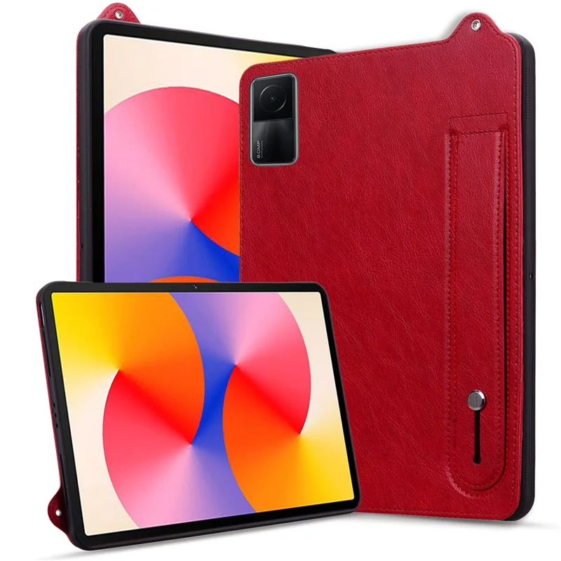 For Xiaomi Redmi Pad SE Case Hand Strap Kickstand Leather Tablet Cover - Red