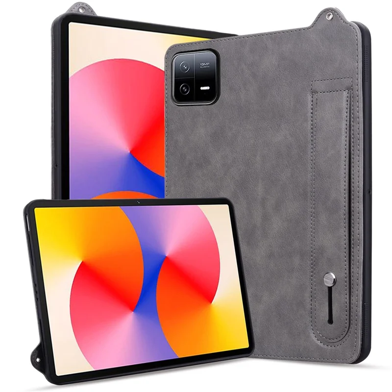 For Xiaomi Pad 6 / Pad 6 Pro Case Hand Strap Kickstand Leather Tablet Cover - Grey