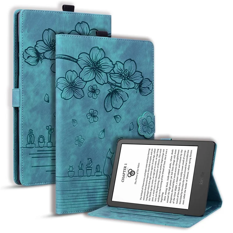 Custodia a portafoglio in pelle per Amazon Kindle Paperwhite (2024) con supporto pieghevole, con stampa di un gatto a fiori di ciliegio - Verde