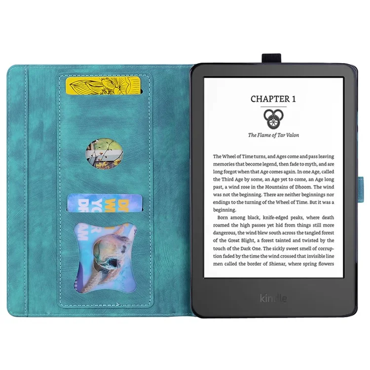 Custodia a portafoglio in pelle per Amazon Kindle Paperwhite (2024) con supporto pieghevole, con stampa di un gatto a fiori di ciliegio - Verde