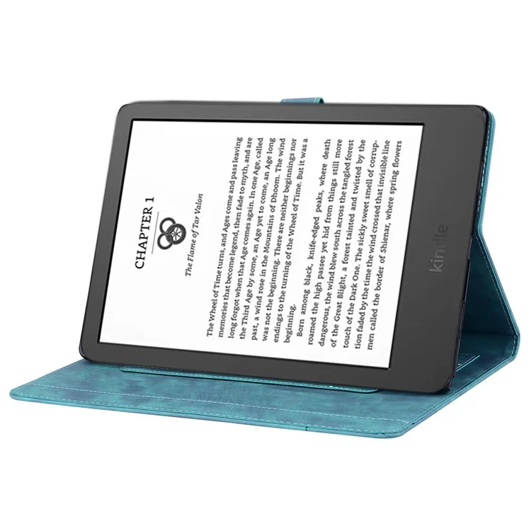 Custodia a portafoglio in pelle per Amazon Kindle Paperwhite (2024) con supporto pieghevole, con stampa di un gatto a fiori di ciliegio - Verde