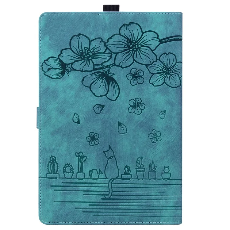 Custodia a portafoglio in pelle per Amazon Kindle Paperwhite (2024) con supporto pieghevole, con stampa di un gatto a fiori di ciliegio - Verde