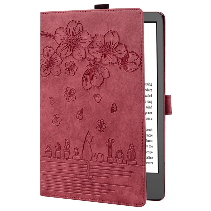 For Amazon Kindle Paperwhite (2024) Case Flip Stand Leather Tablet Cover Cherry Blossom Cat Imprinted - Red