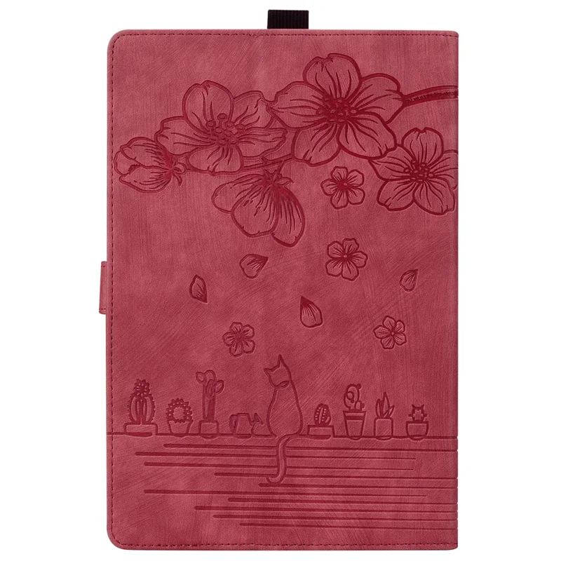 For Amazon Kindle Paperwhite (2024) Case Flip Stand Leather Tablet Cover Cherry Blossom Cat Imprinted - Red
