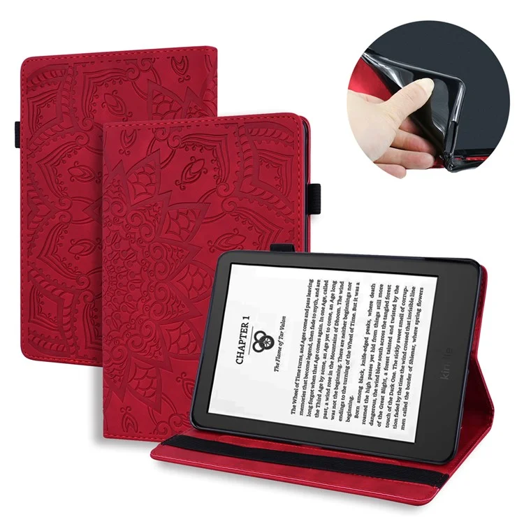 For Amazon Kindle Paperwhite (2024) Case Flower Pattern Leather Tablet  Cover - Red