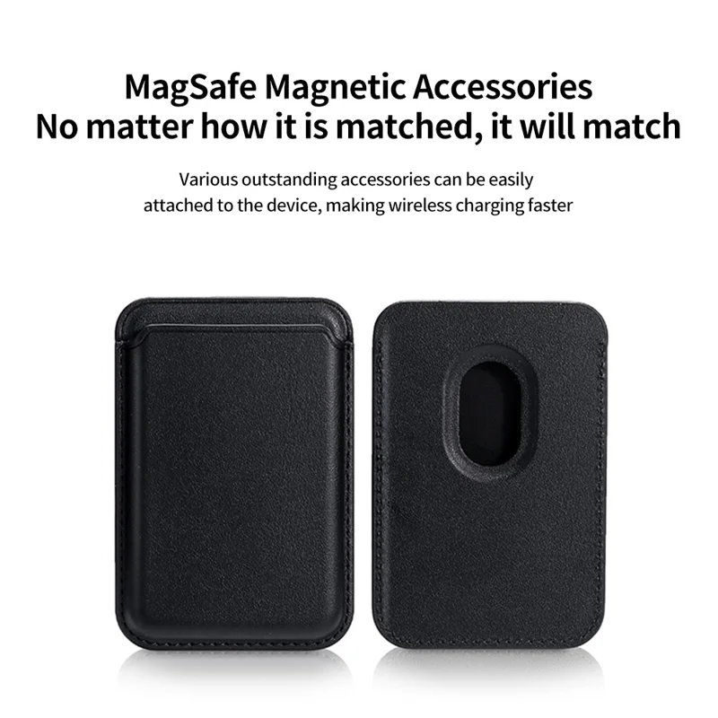 Double Ring Magnetic Card Holder for iPhone 12-16 Series PU Leather Slim Attachment - Black