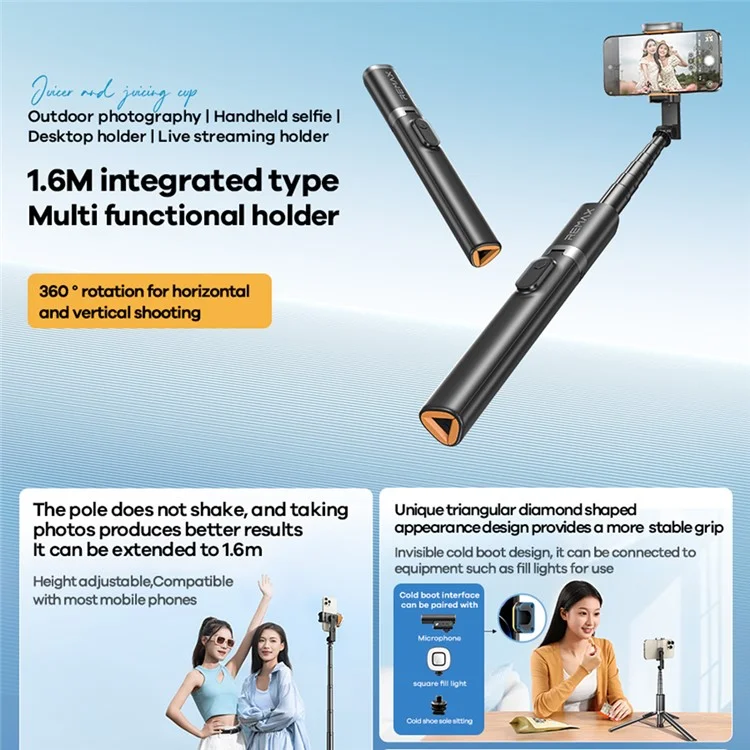 REMAX P70 1.6cm Extendable Selfie Stick Multifunction Live Streaming Tripod Stand with Detachable Remote - Black