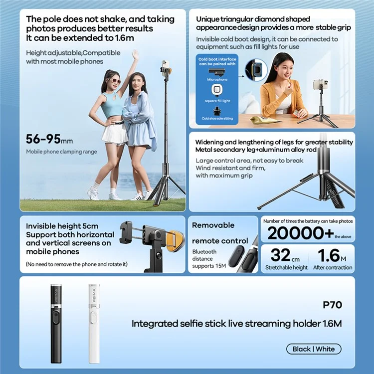 REMAX P70 1.6cm Extendable Selfie Stick Multifunction Live Streaming Tripod Stand with Detachable Remote - Black