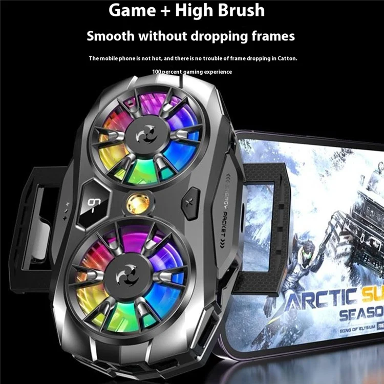K19 Mobile Phone Cooler Fan Radiator with Digital Display  /  Dual Fans  /  RGB Lighting  /  Adjustable Speed - Black