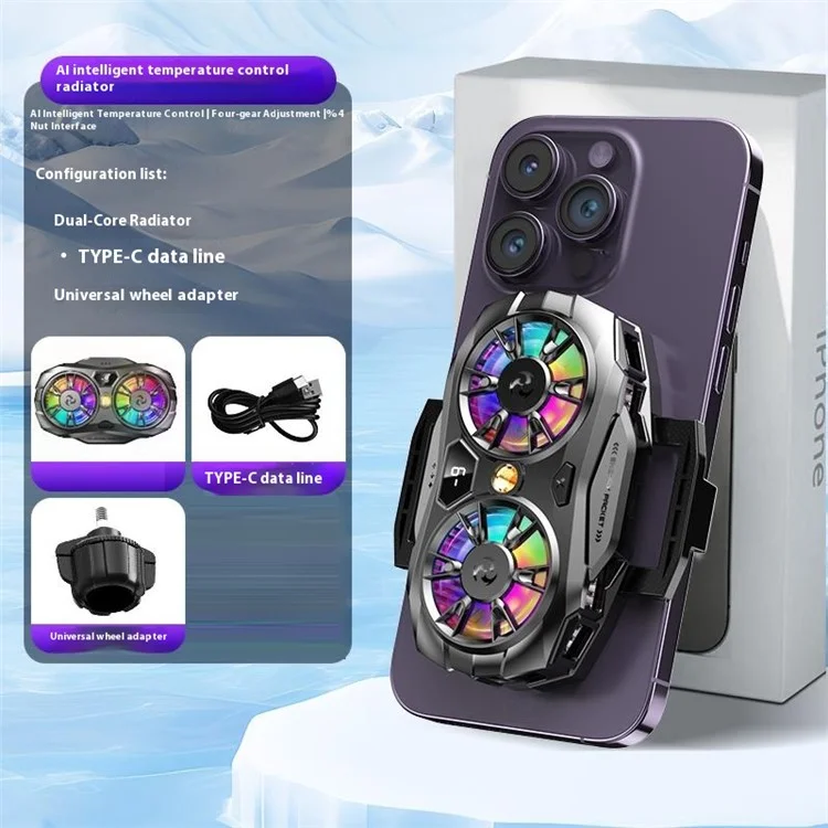 K19 Mobile Phone Cooler Fan Radiator with Digital Display  /  Dual Fans  /  RGB Lighting  /  Adjustable Speed - Black