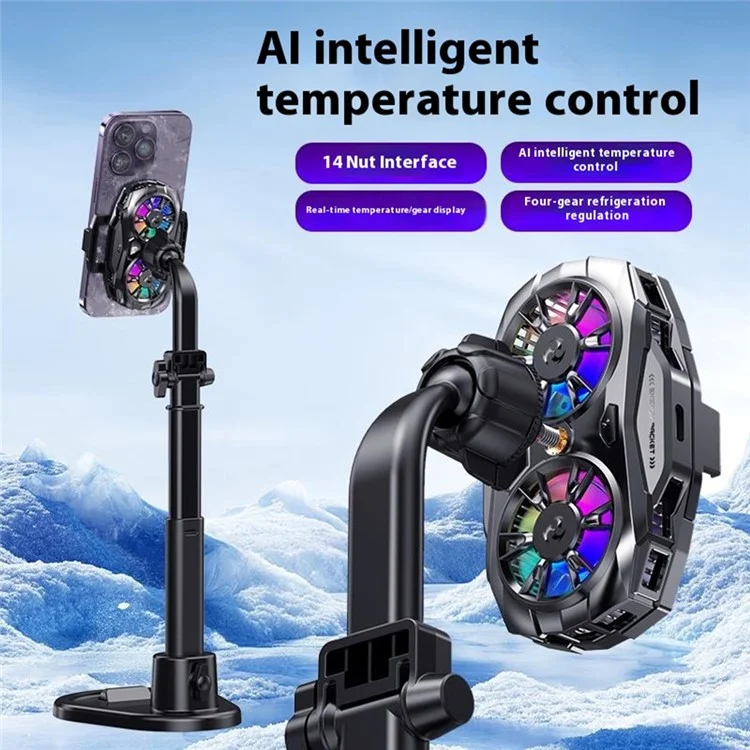K19 Mobile Phone Cooler Fan Radiator with Digital Display  /  Dual Fans  /  RGB Lighting  /  Adjustable Speed - Black