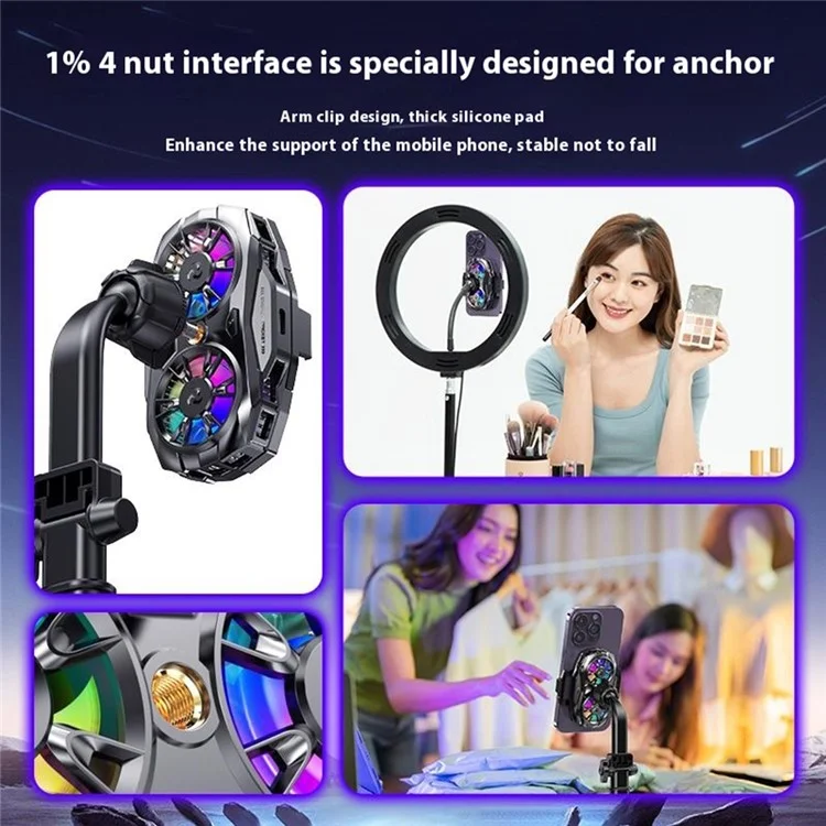 K19 Mobile Phone Cooler Fan Radiator with Digital Display  /  Dual Fans  /  RGB Lighting  /  Adjustable Speed - Black
